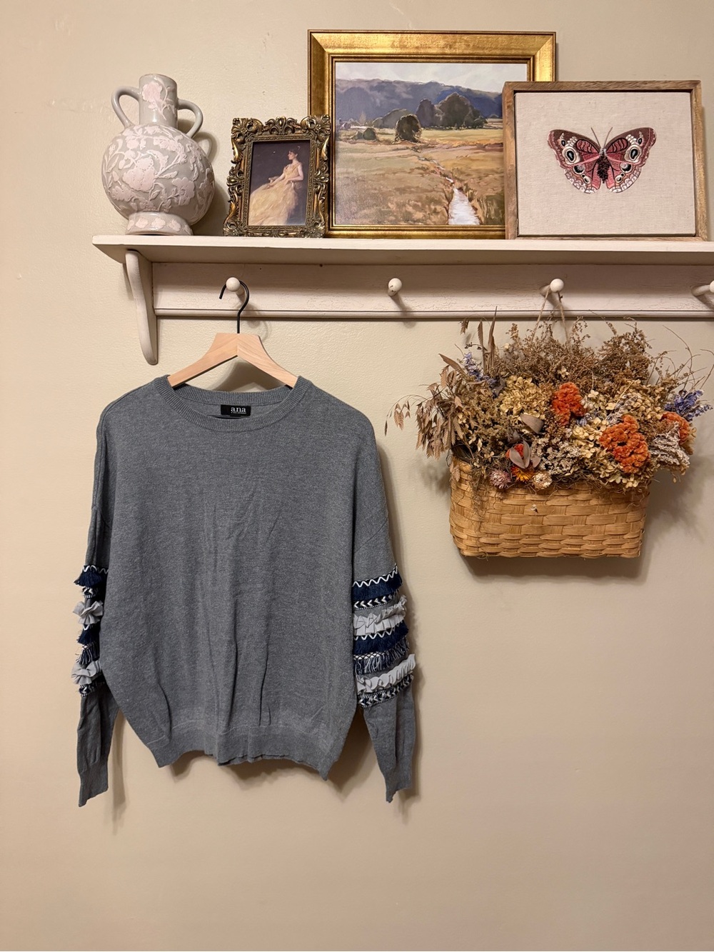 a.n.a Gray Crewneck Sweater with Fringed Navy & White Sleeve Accents